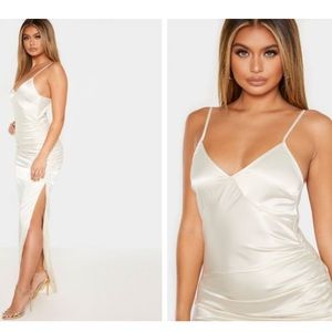 Cream ruched strappy satin dress